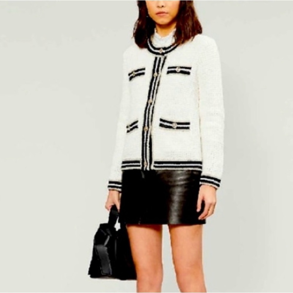 Maje 1 S Cream Tweed Jacket with Black Trim and Gold Buttons Cardigan Blazer